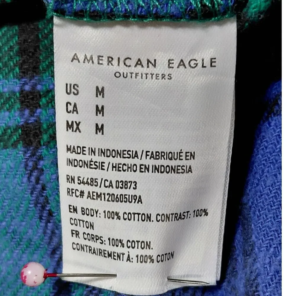 American Eagle Collared Blue Plaid Flannel Button-Up Shirt Women Size M
